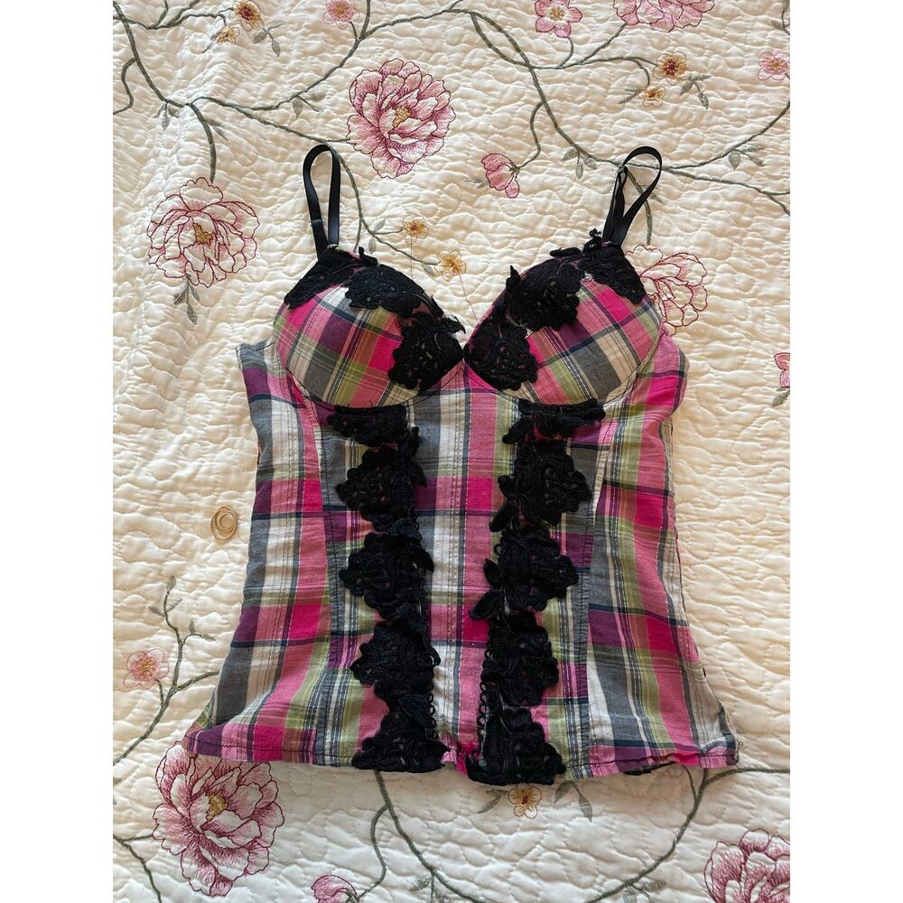 vintage paper tag multicolor plaid and metallic with blace lace tank top